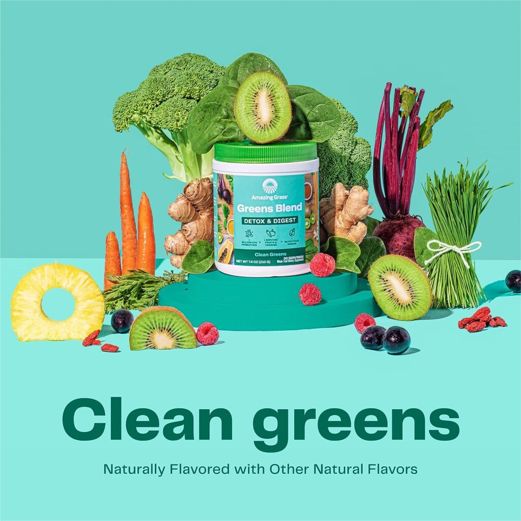 Amazing Grass Greens Blend Detox  Digest: Smoothie Mix, Cleanse with Super Greens Powder, Digestive Enzymes  Probiotics, Clean Green, 30 Servings (Packaging May Vary)