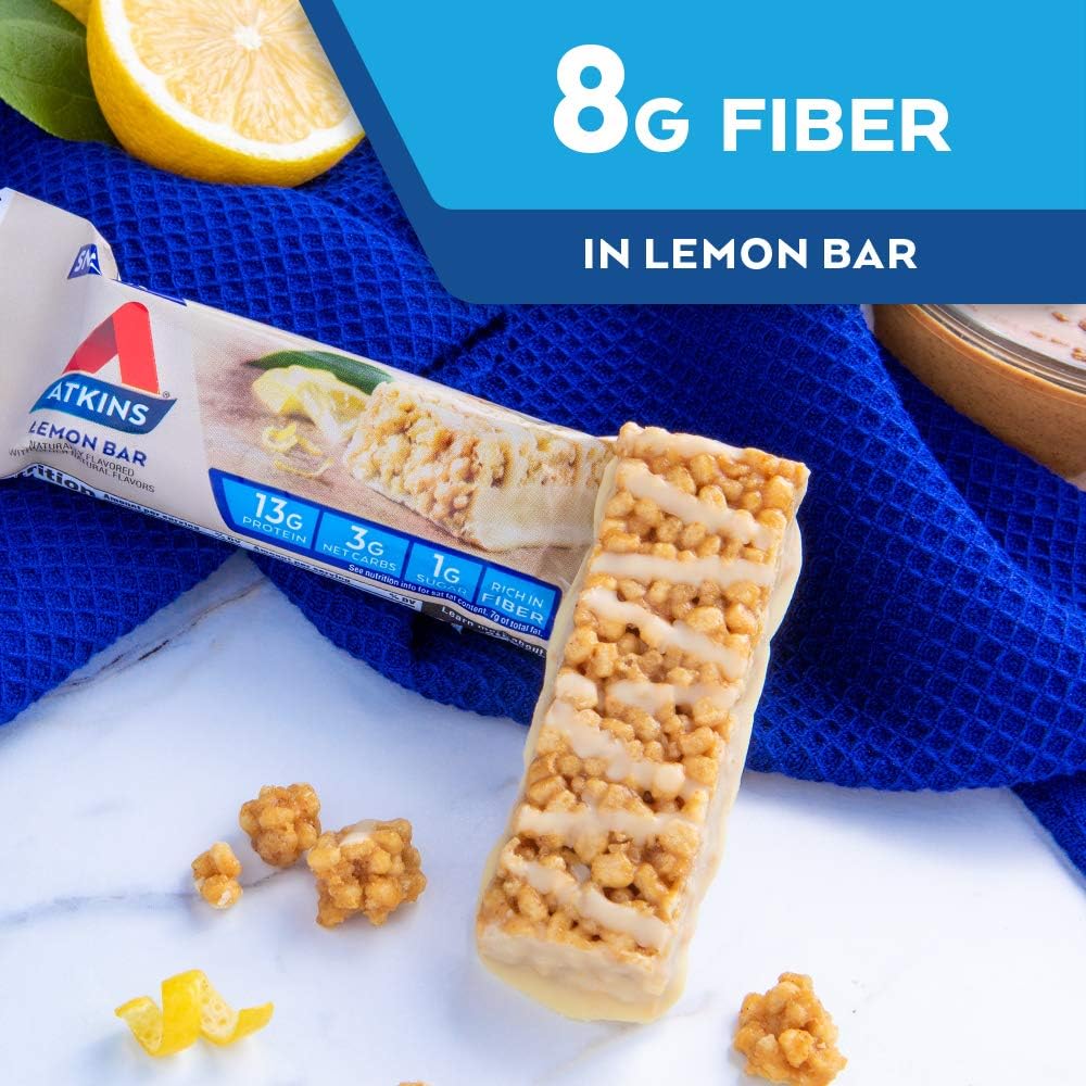 Atkins Lemon Snack Bar, Made with Real Almond Butter, 1g Sugar, Gluten Free, High in Fiber, Keto Friendly, 8 Count