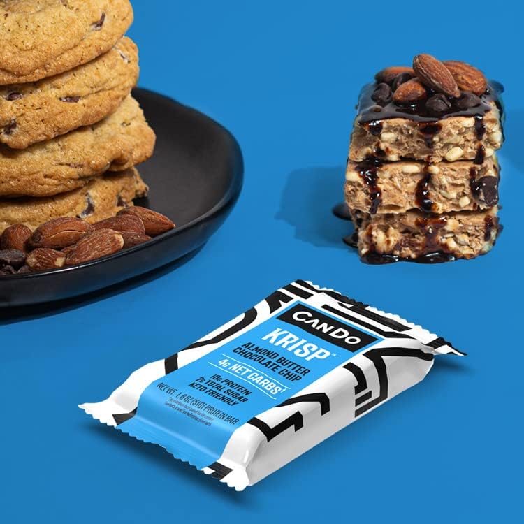 CanDo Krisp - Keto Snack  Keto Bar (12 Pack, Almond Butter Chocolate Chip) - Low-Carb Snack, Low-Sugar High Protein Bar - Gluten-Free Crispy, Perfectly Delicious Healthy Meal Replacement - Keto Krisp