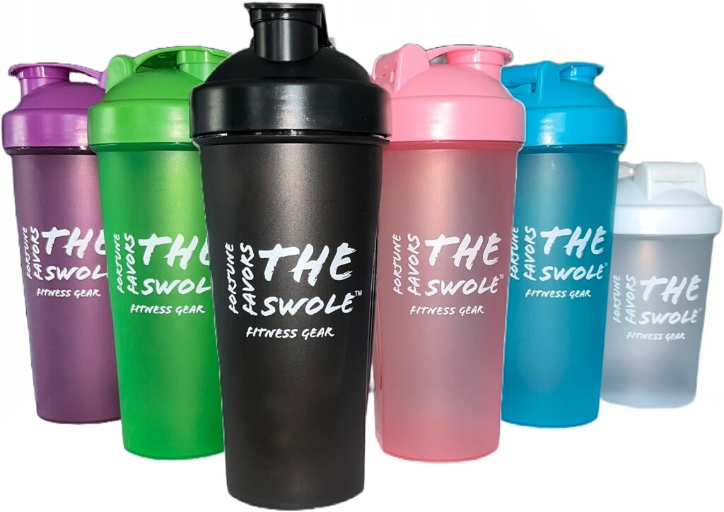 Fortune Favors The Swole Shaker Bottle [2 Pack] for Protein Shakes, pre-workout, and post-workout. One 24-ounce/one 14-ounce. Assorted colors. (Green/Clear)