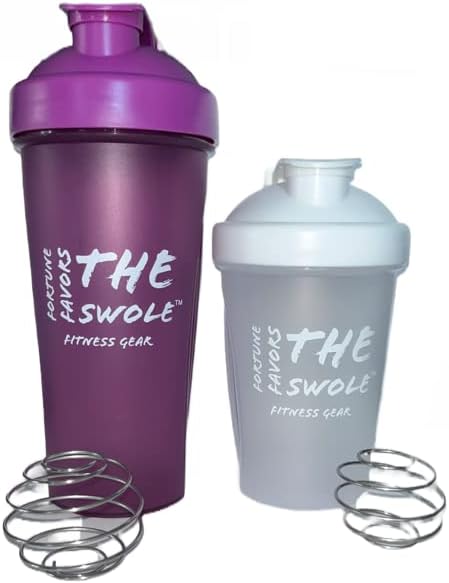 Fortune Favors The Swole Shaker Bottle [2 Pack] for Protein Shakes, pre-workout, and post-workout. One 24-ounce/one 14-ounce. Assorted colors. (Green/Clear)