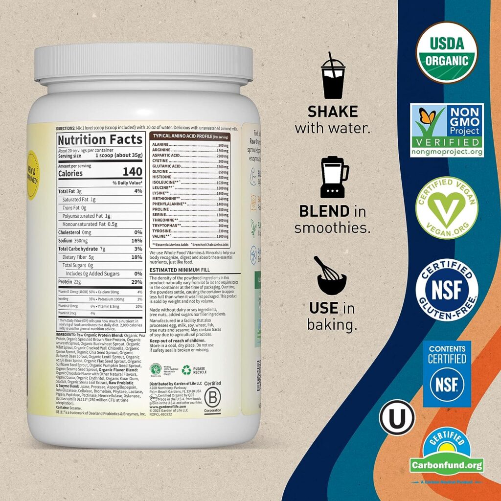 Garden of Life – Organic Vegan Chocolate Protein Powder - 22g Complete Plant Based Raw Protein  BCAAs Plus Probiotics  Digestive Enzymes for Easy Digestion, Non-GMO Gluten-Free, Lactose Free 1.5 LB