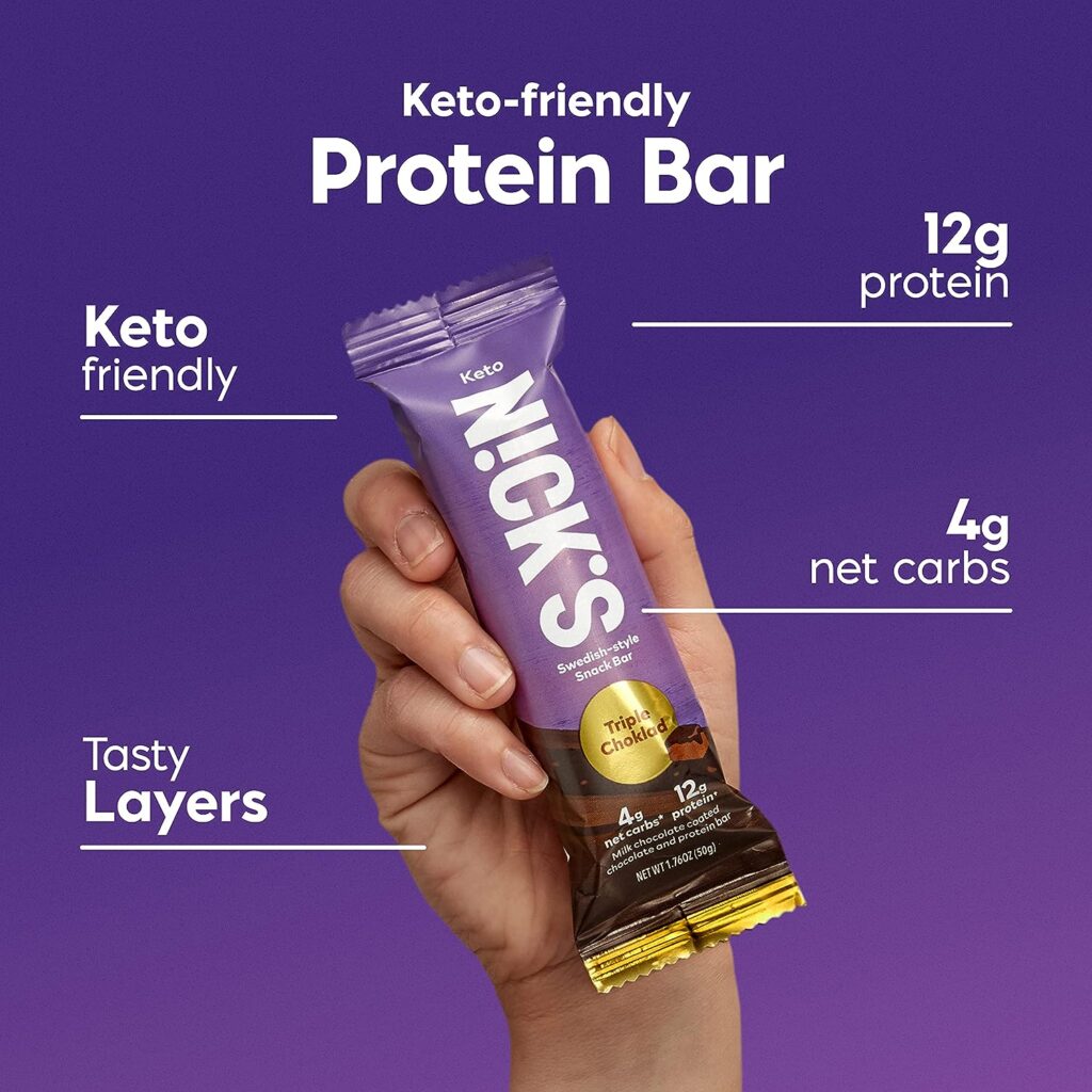 Nicks Swedish-Style Snack Bar, Triple Chocolate, Keto Protein Bar, 12g Protein, Low Carb, Low Sugar, Meal Replacement Bar, Keto-Friendly Snack,12-Count