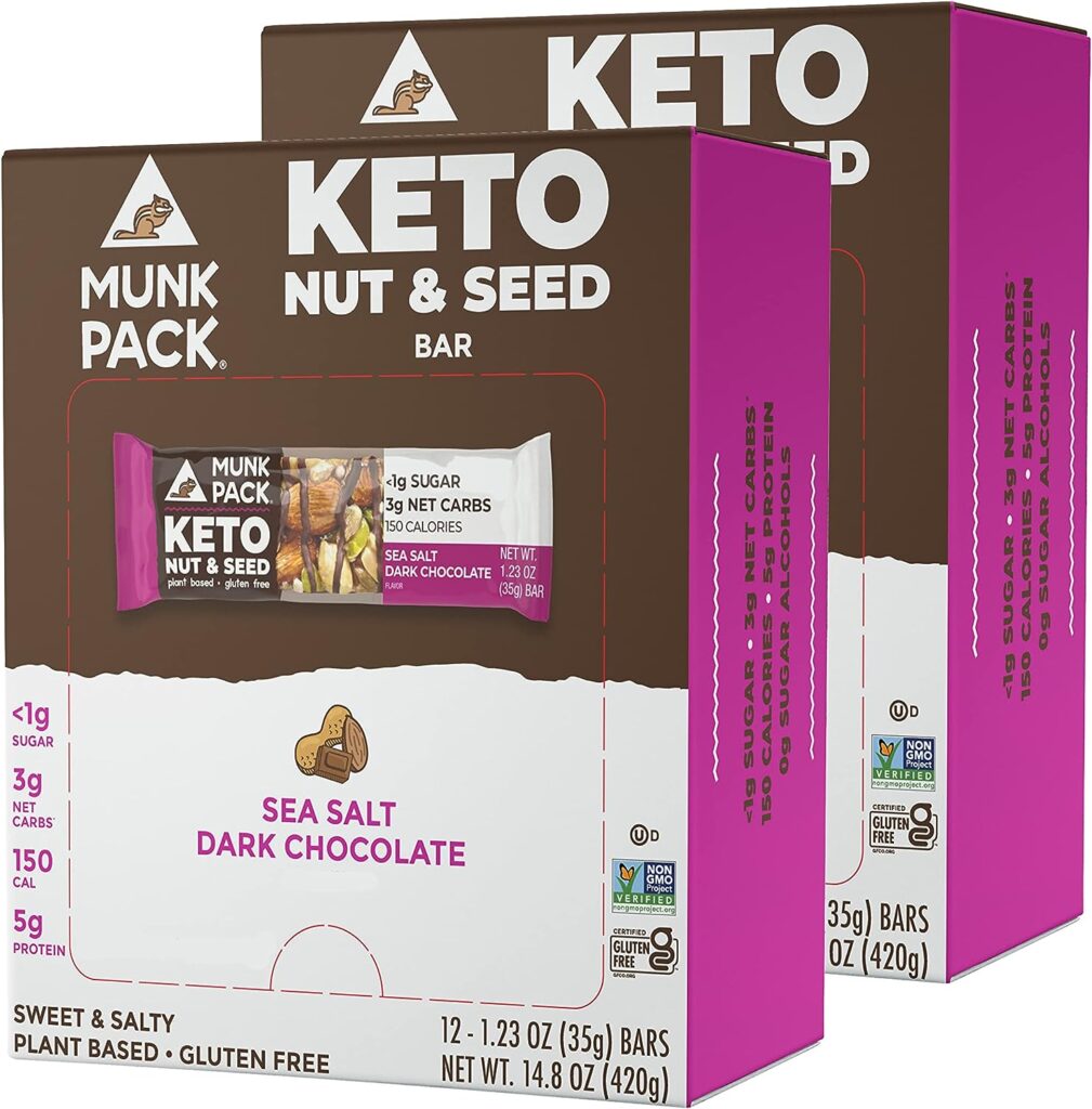 Nut  Seed Bar Sea Salt Dark Chocolate | Munk Pack Low Carb Keto  Plant Based Snacks | Nutritious  Gluten Free | No Added Sugar, Erythritol Free Snack and Breakfast Bars | Bulk 24 Pack