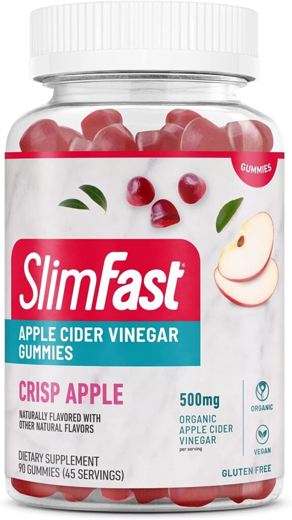 SlimFast Apple Cider Vinegar Gummies, Dietary Supplement with 500mg Organic Apple Cider Vinegar per Serving, Crisp Apple Flavor, 45 Servings (Packaging May Vary)