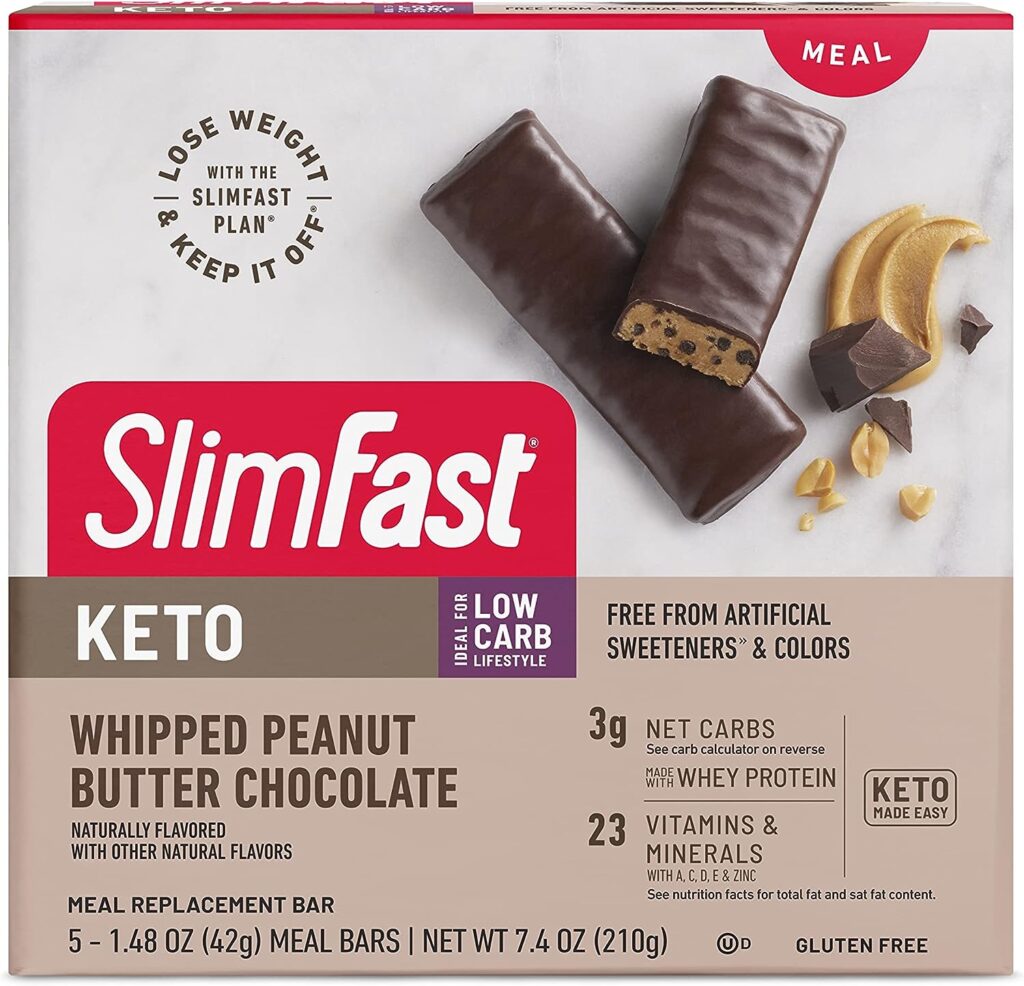 SlimFast Low Carb Meal Replacement Whey Protein Bar, Keto Friendly Chocolate Snacks for Weight Loss with 7g Protein, Whipped Peanut Butter Chocolate, 5 Count Box (Packaging May Vary)
