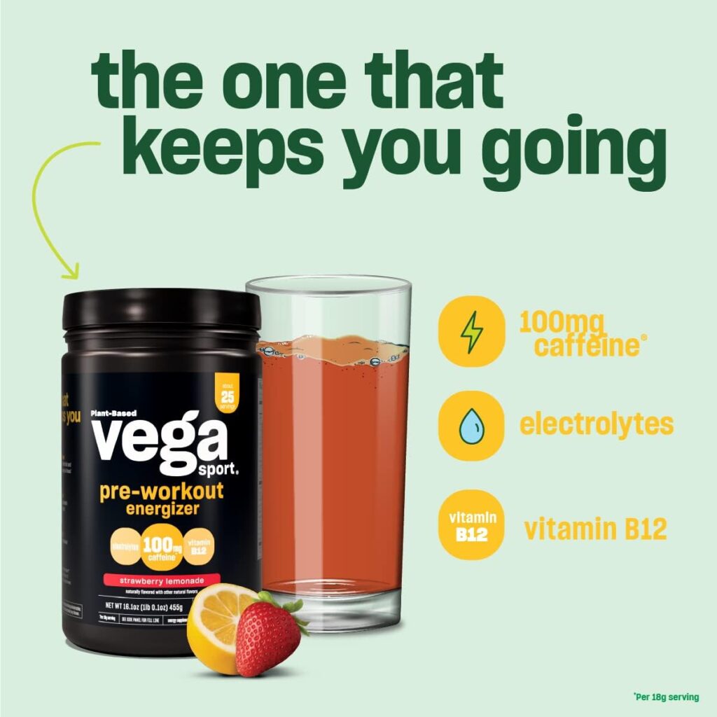 Vega Sport Pre-Workout Energizer, Strawberry Lemonade - Pre Workout Powder for Women  Men, Supports Energy and Focus, Electrolytes, Vegan, Keto, Gluten Free, Non GMO, 1.1 lbs