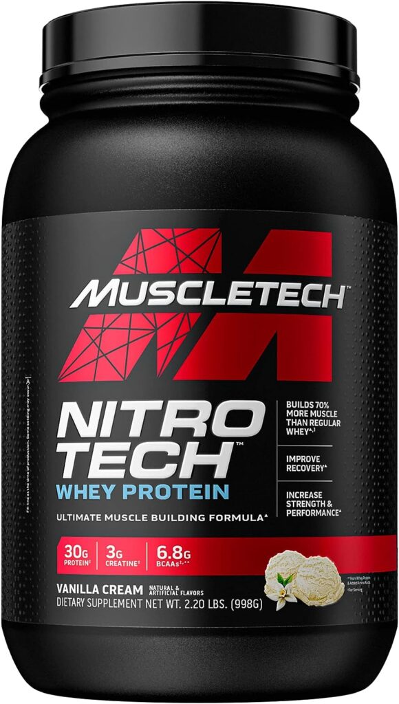 Whey Protein Powder MuscleTech Nitro-Tech Whey Protein Isolate  Peptides Protein + Creatine for Muscle Gain Muscle Builder for Men  Women Sports Nutrition Vanilla, 2.2 lb (22 Servings)